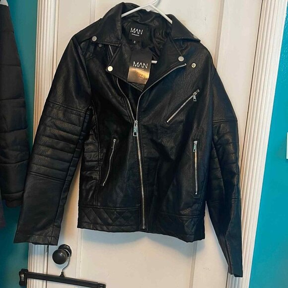 Boohoo Quilted Sleeve Leather Look Biker‎ Jacket - Picture 1 of 10